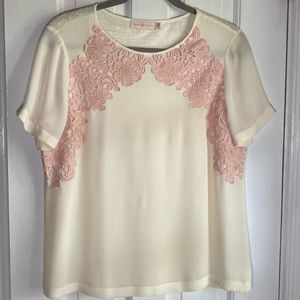 Tory Burch Cream & Rose Embroidered Silk Linen Blouse, Women’s Medium